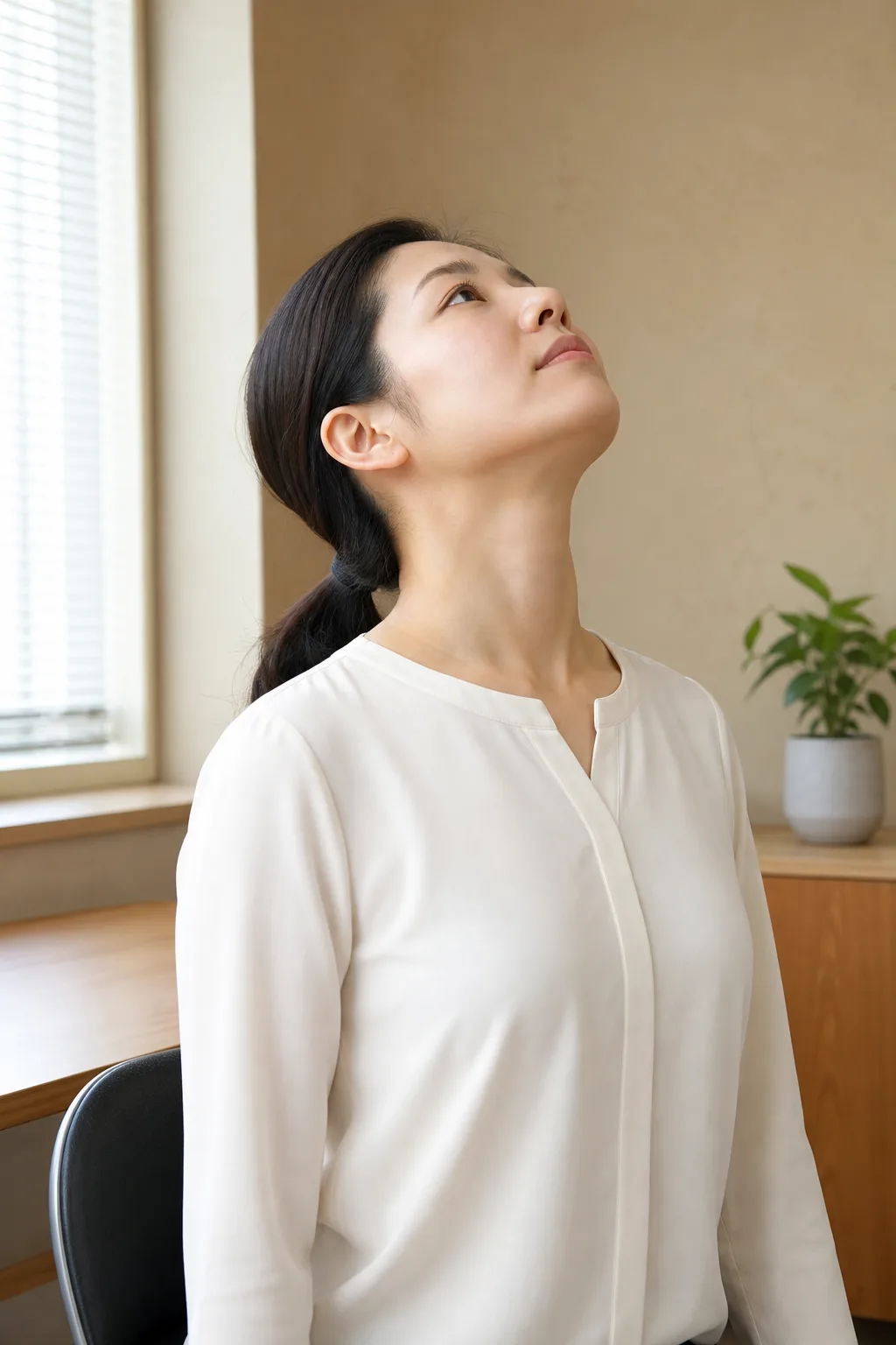 Person tipping the head back gently to stretch the front of the neck