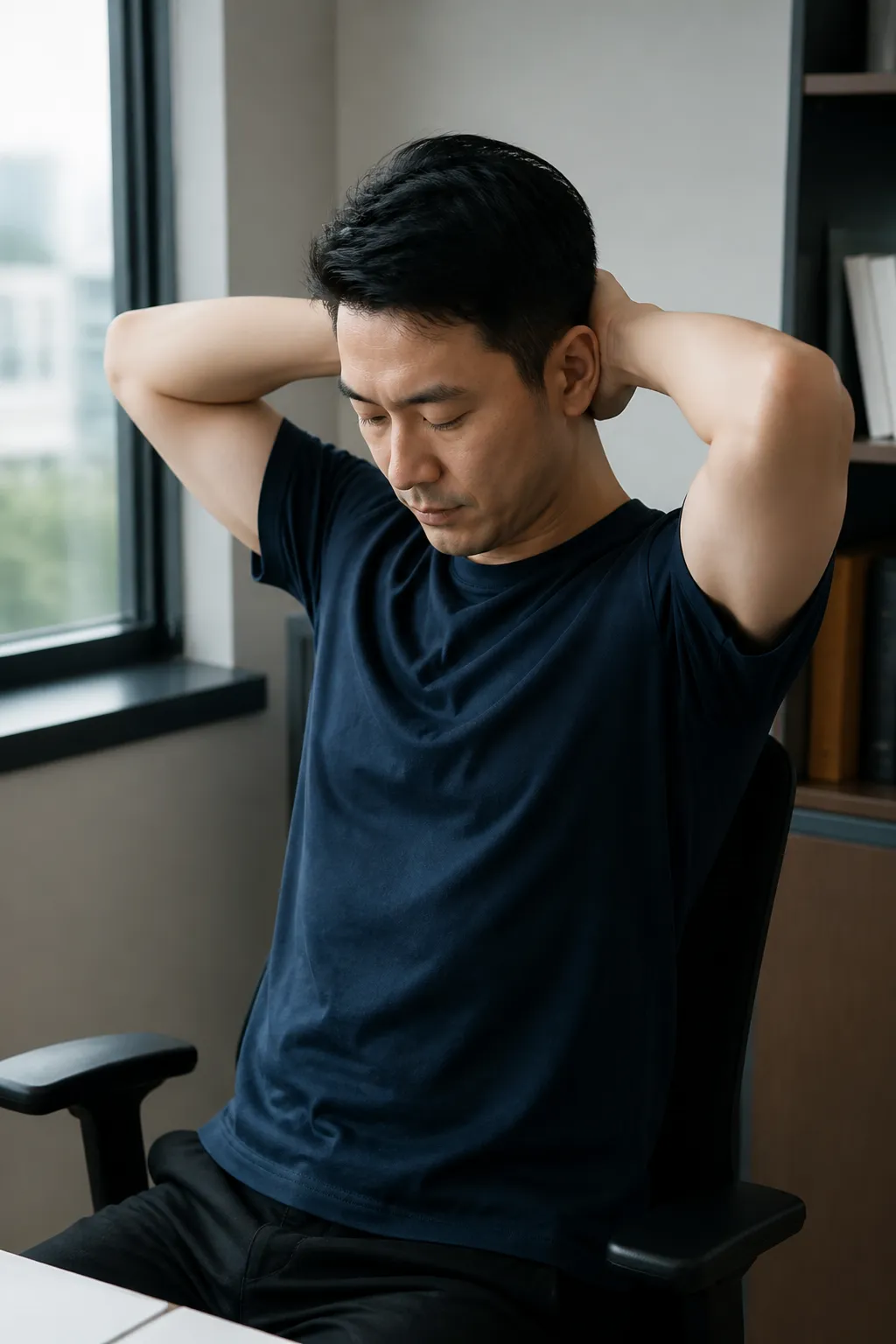 Person with hands behind the head pressing gently for a still neck hold