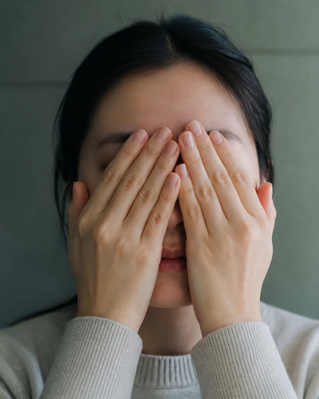 Warm palms covering closed eyes for Chinese eye exercises palming