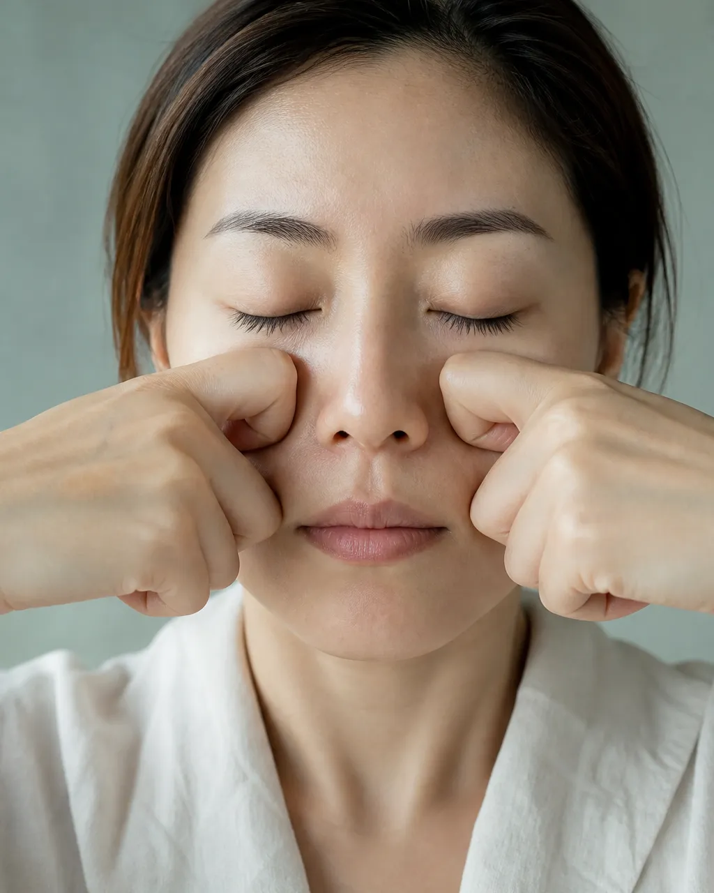 Fingers massaging the eye socket rim with soft circular pressure