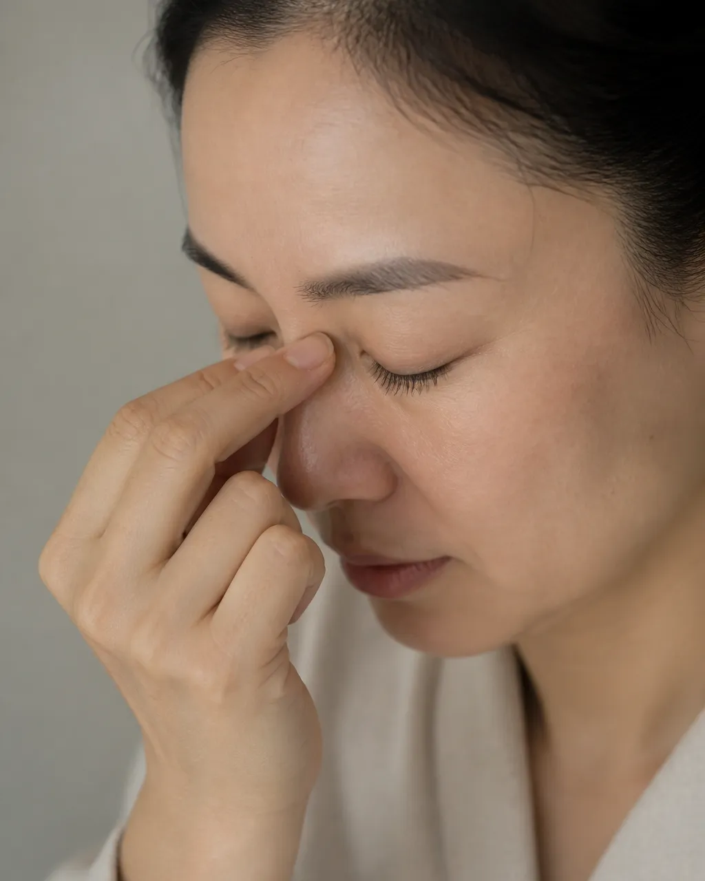 Fingers locating Jing Ming BL1 at the inner eye socket