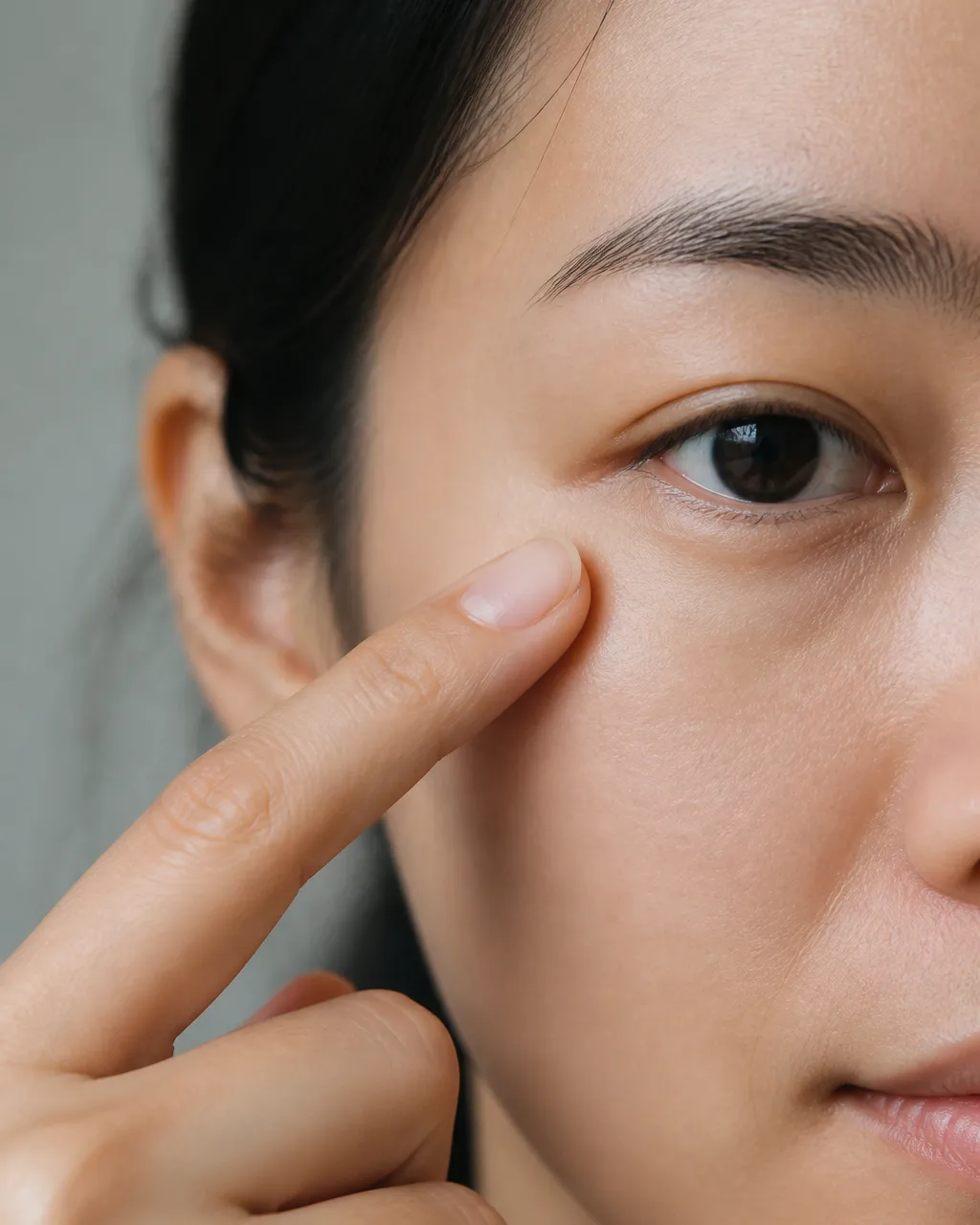 Finger locating Si Bai ST2 below the pupil for Chinese eye exercises