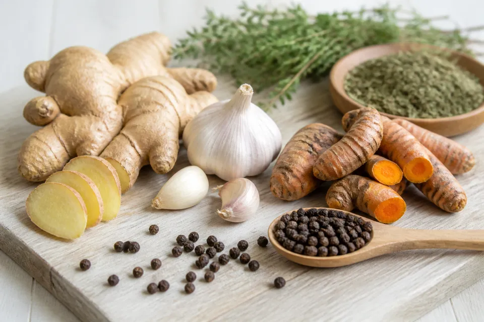 Ginger, turmeric, garlic, and kitchen spices on a board for Day 5 calm cooking habits
