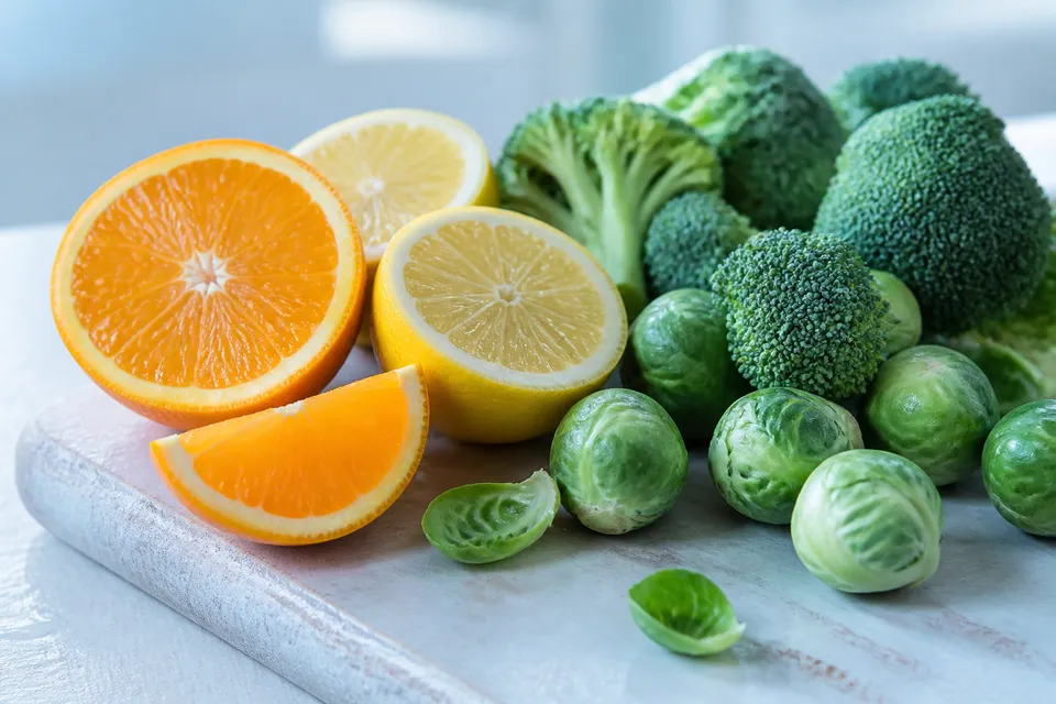 Orange, lemon, broccoli, and Brussels sprouts for Day 6 Vitamin C foods