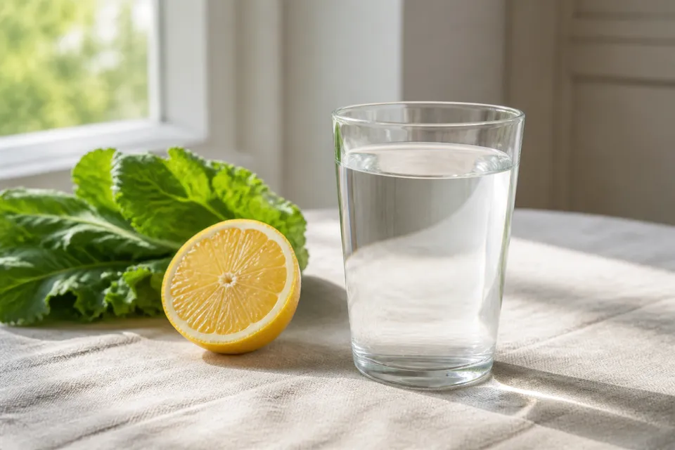 Glass of water with citrus and greens in soft morning light for immune hydration habits