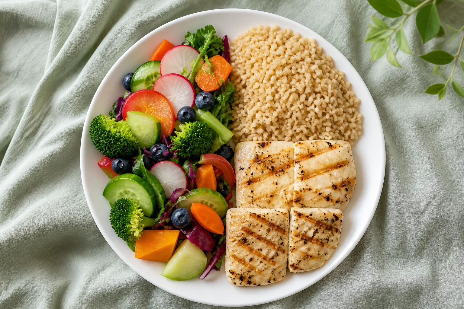 Dinner plate with half vegetables and fruit, quarter brown rice, and quarter grilled fish