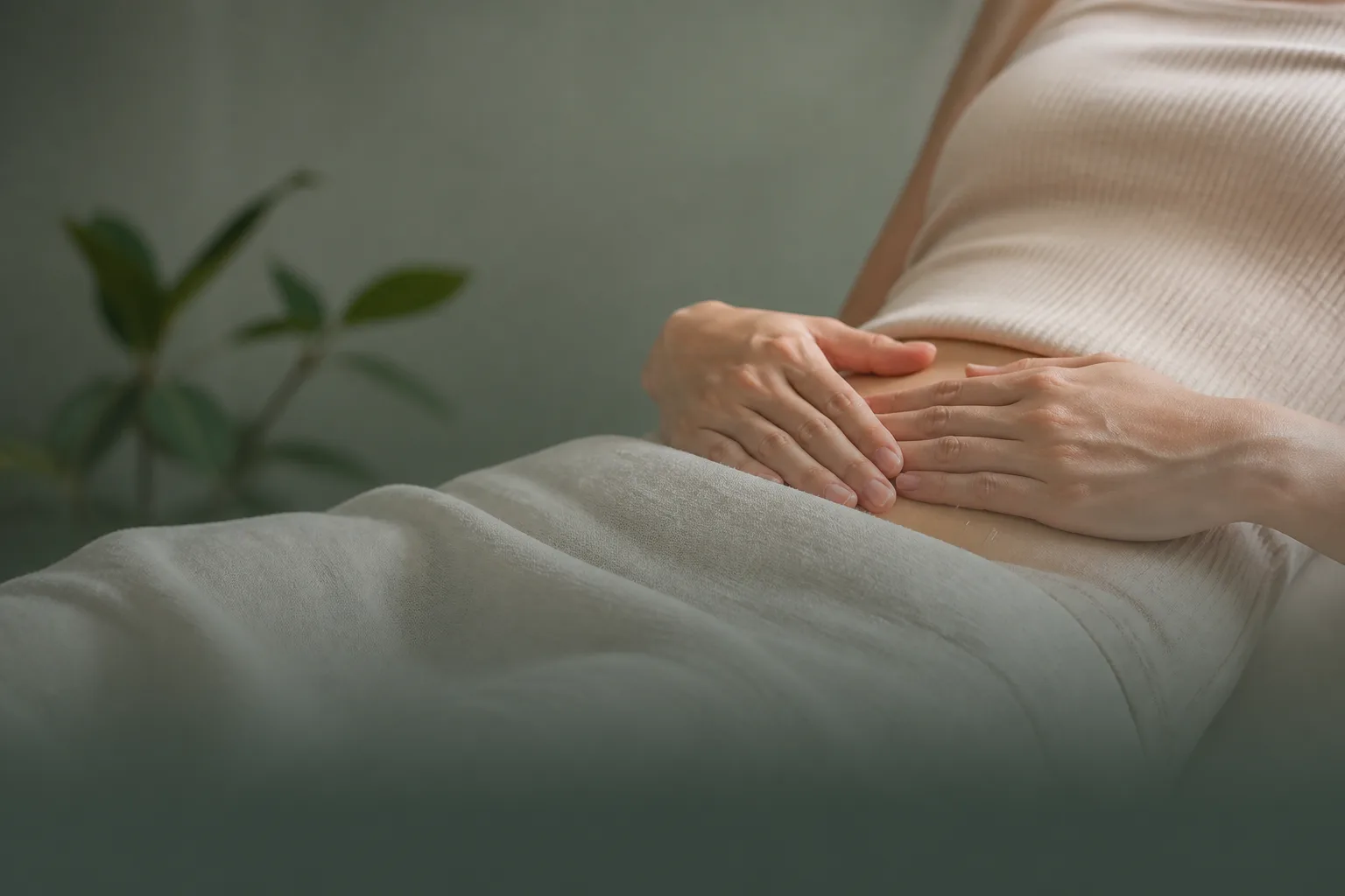 Hands resting on the lower abdomen during acupuncture for PMS cycle care