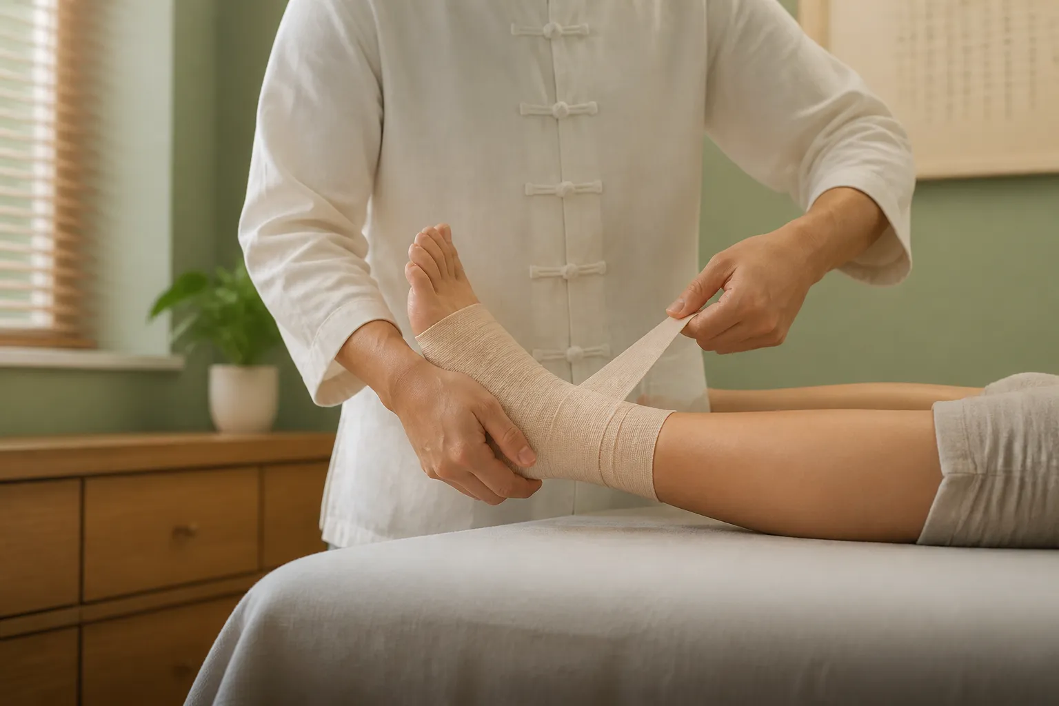Physician wrapping a sprained ankle at PULSE TCM