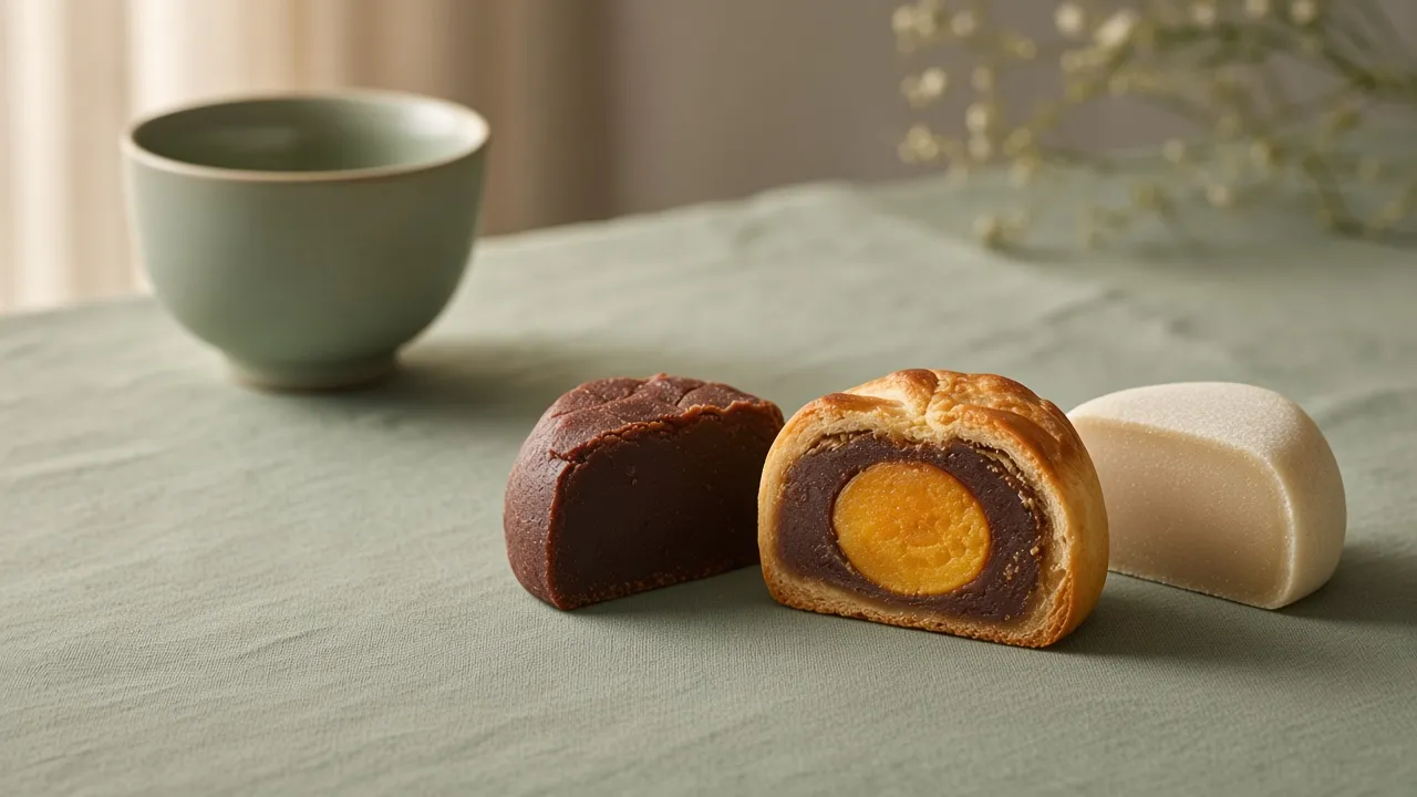 Cut mooncakes showing red bean paste, salted egg yolk, and snowskin on sage linen with tea, for Mid-Autumn heaty filling questions