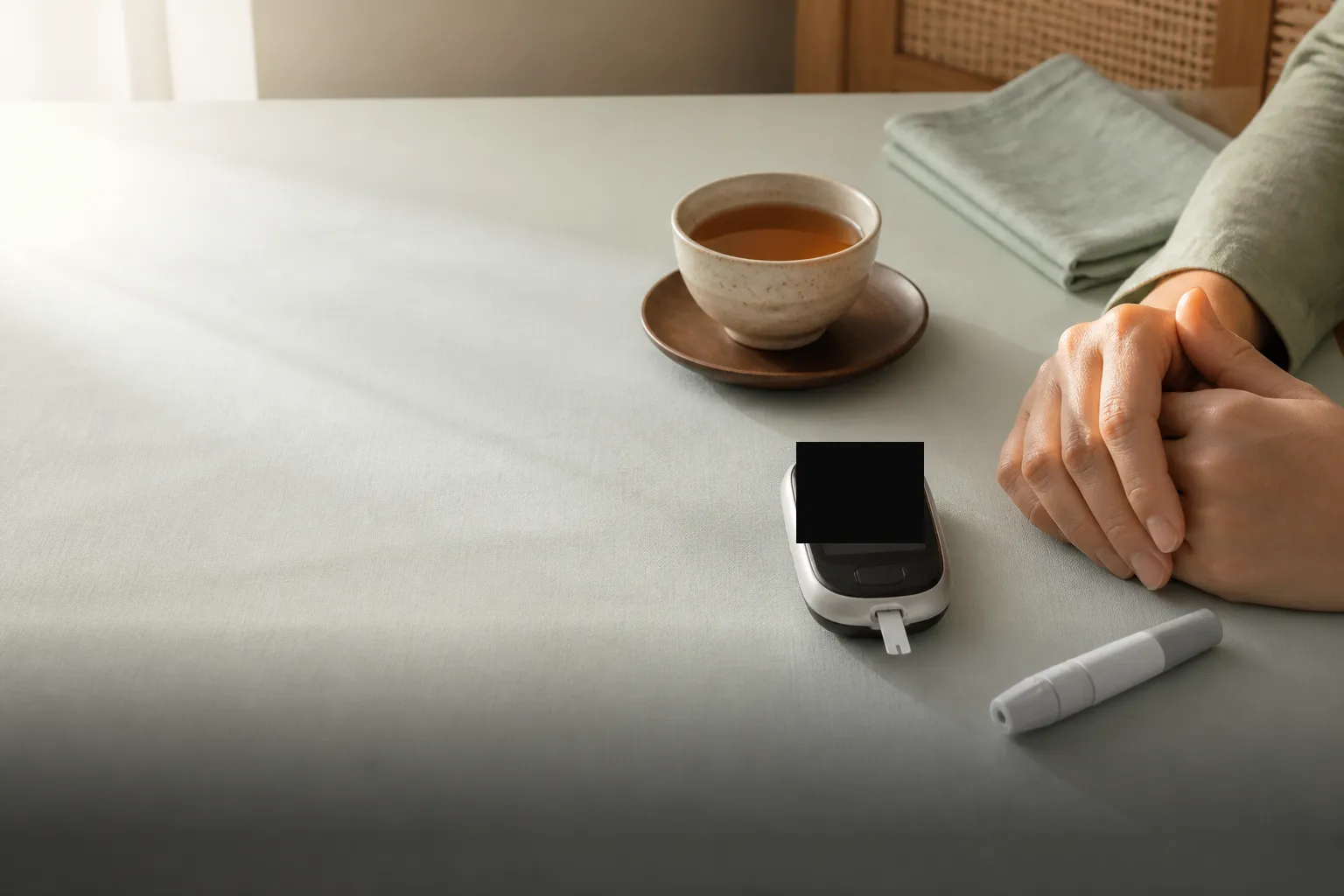 Hands resting beside a blank glucose meter and ceramic tea cup on a sage-mist table