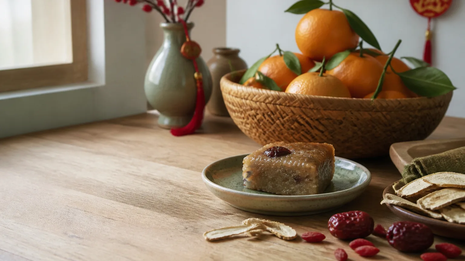 Mandarin oranges, nian gao, and dried Chinese herbs for CNY festive foods