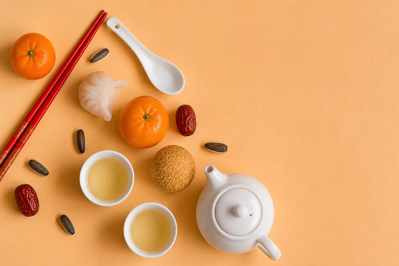 Mandarin oranges and CNY festive snacks on a table at PULSE TCM