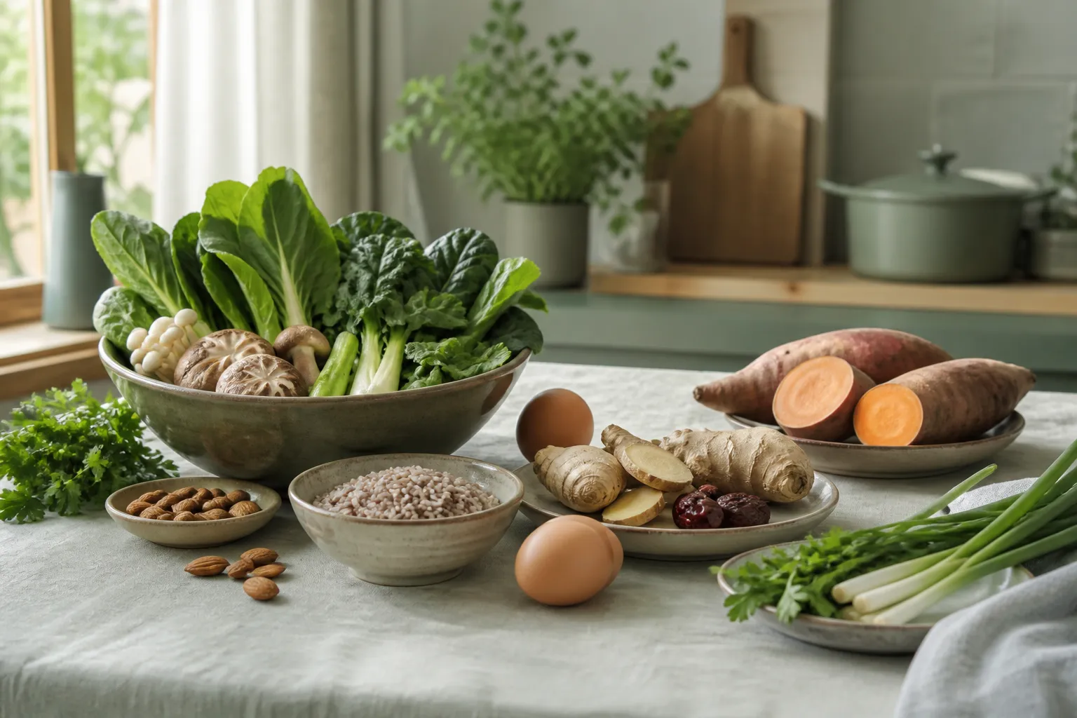 Fresh vegetables, grains, and protein on a kitchen board for TCM constitution diet guidance
