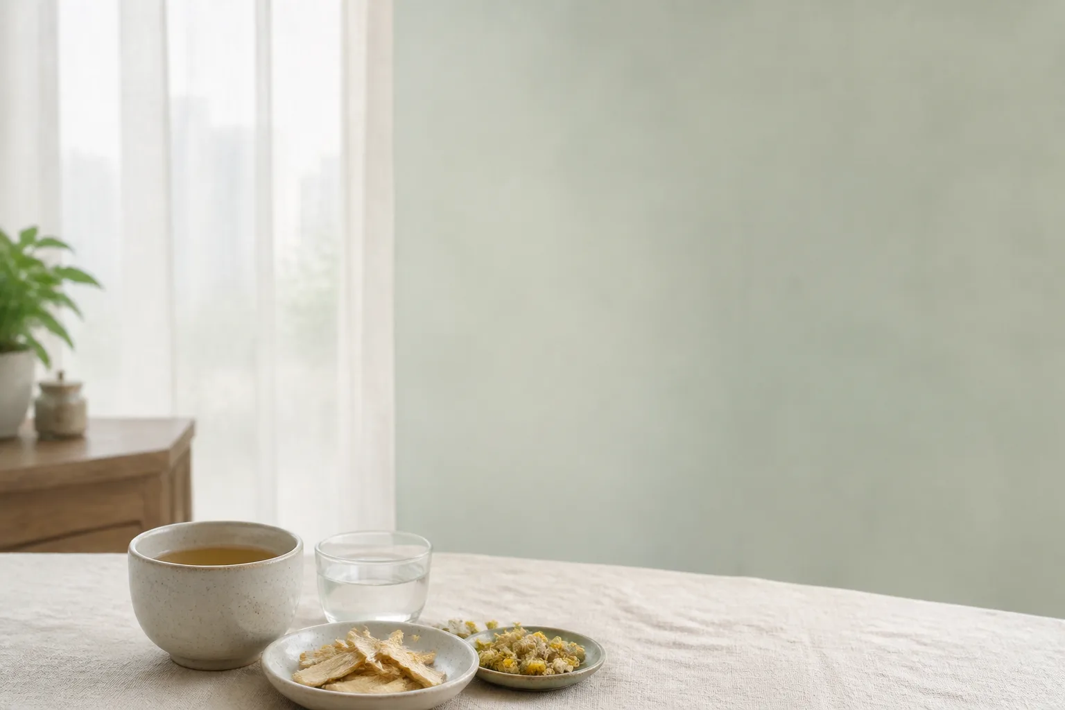 Ceramic cup of warm herbal tea with Mai Dong and chrysanthemum on pale linen beside a window for haze-season Lung and Wei Qi care