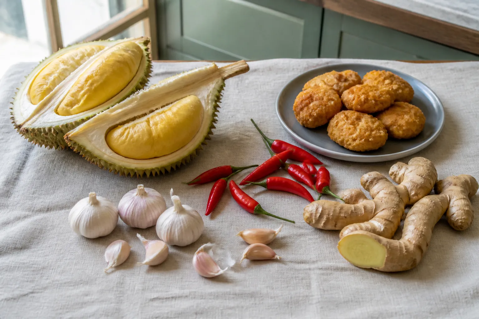 Durian, chilli, ginger, and fried food as heaty TCM kitchen foods