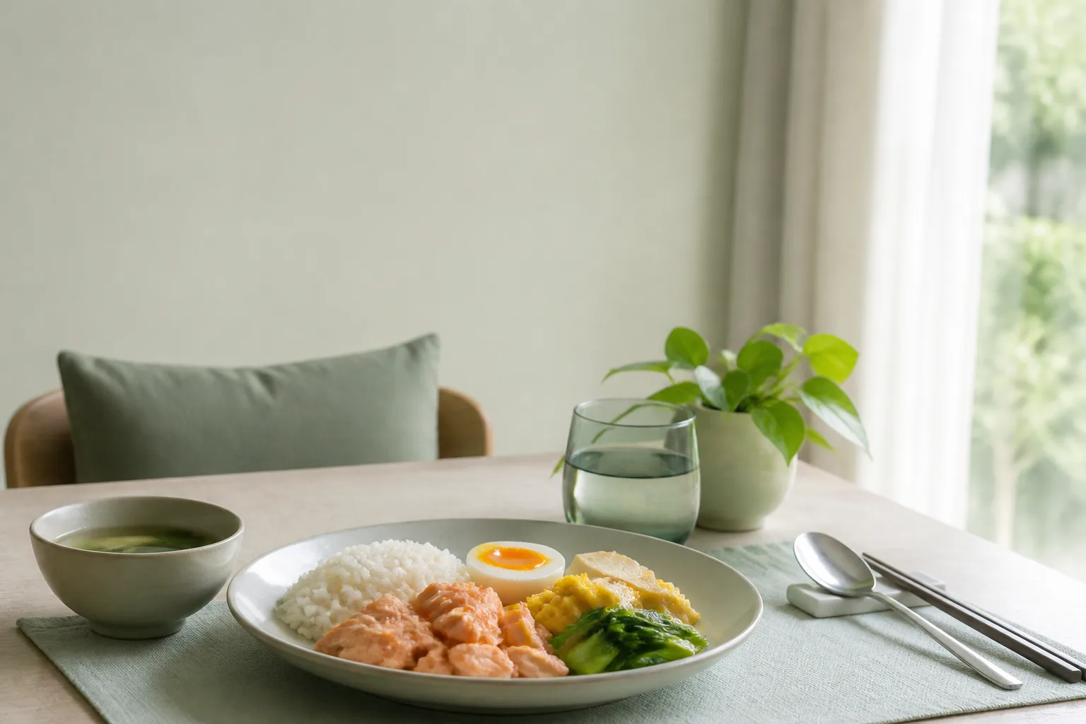 Protein meal with fish, egg, tofu, and rice for cancer nutrition support