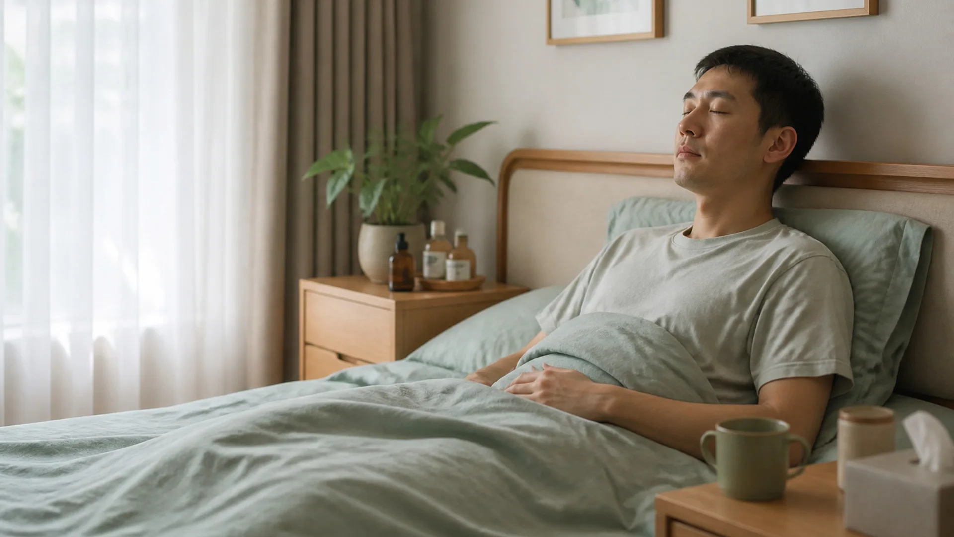 Adult resting in bed with warm tea during mild COVID recovery at home