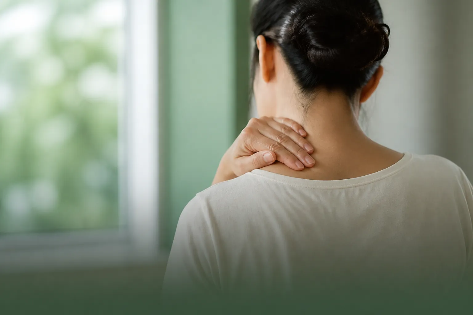 Hand holding the side of the neck where stiff neck pain sits