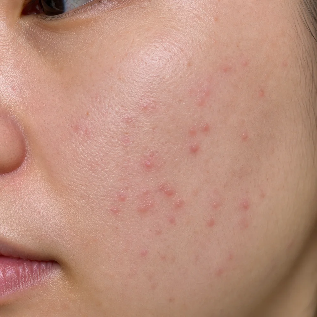 Close-up of red papules on facial skin