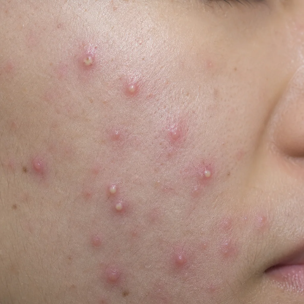 Close-up of pustules with pus centres on facial skin