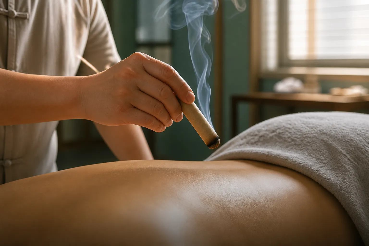 Physician holding a moxa stick near an acupoint at PULSE TCM