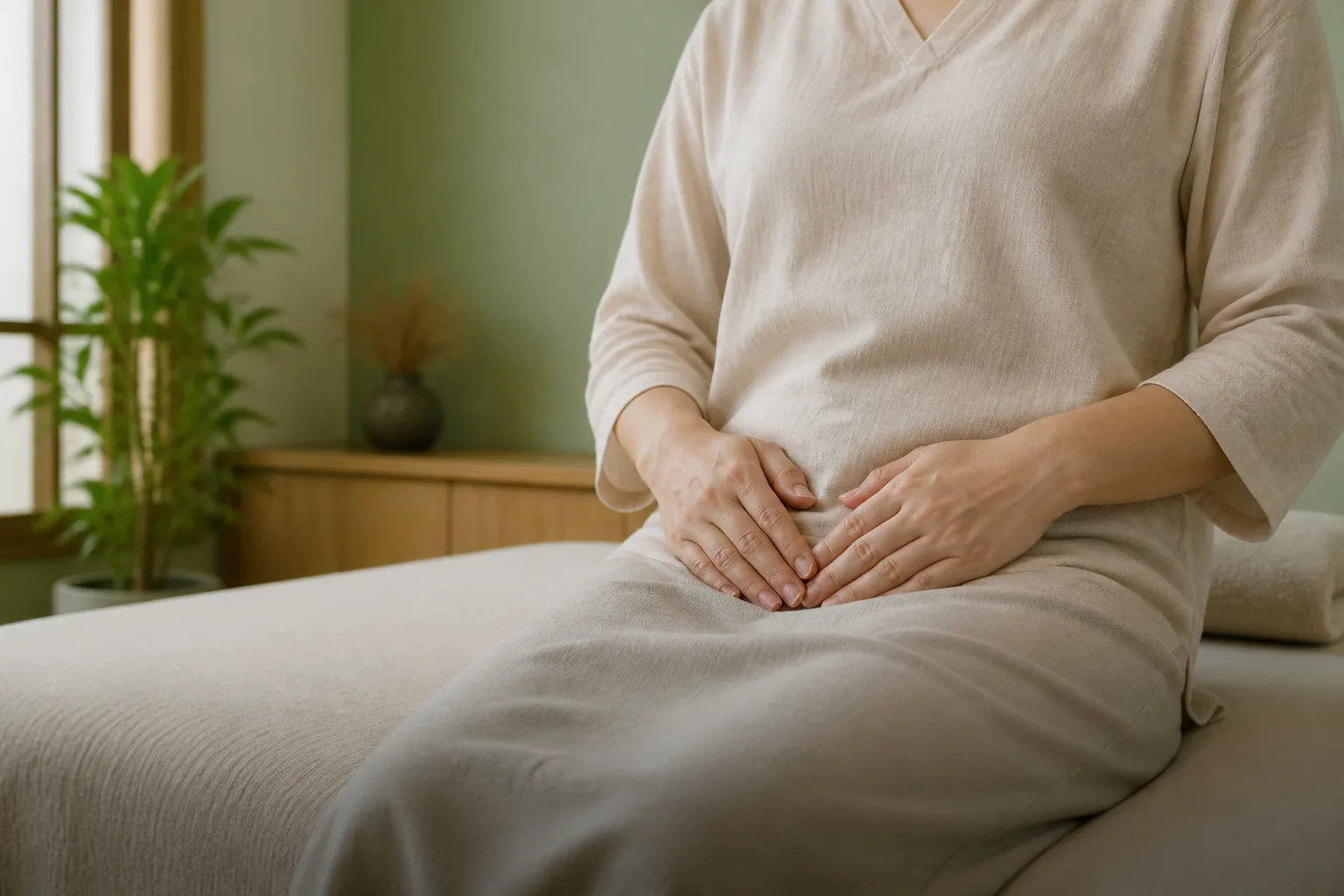 Hands resting gently on the lower abdomen during postpartum pelvic recovery care