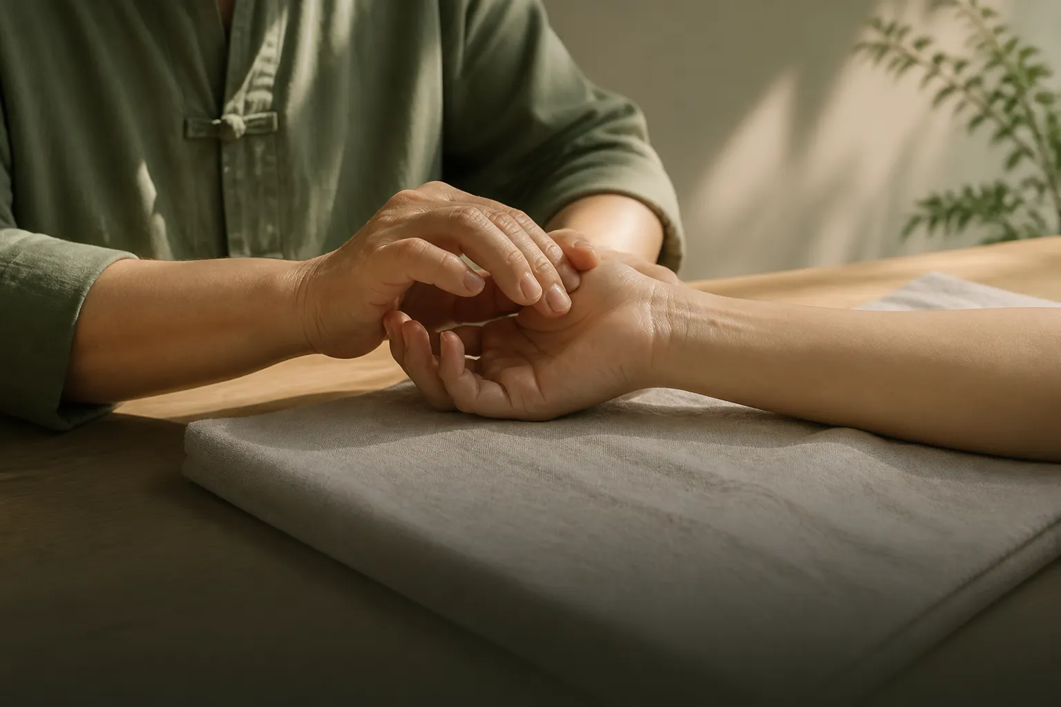 Physician taking a radial pulse during a heart-pattern consult at PULSE TCM