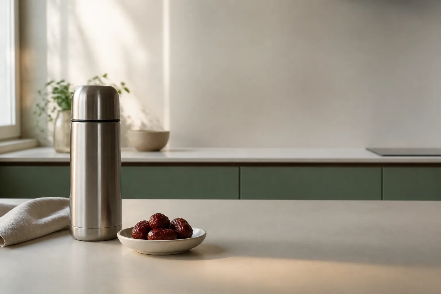 Warm thermos and red dates on a quiet kitchen counter for Singapore confinement myths at PULSE TCM
