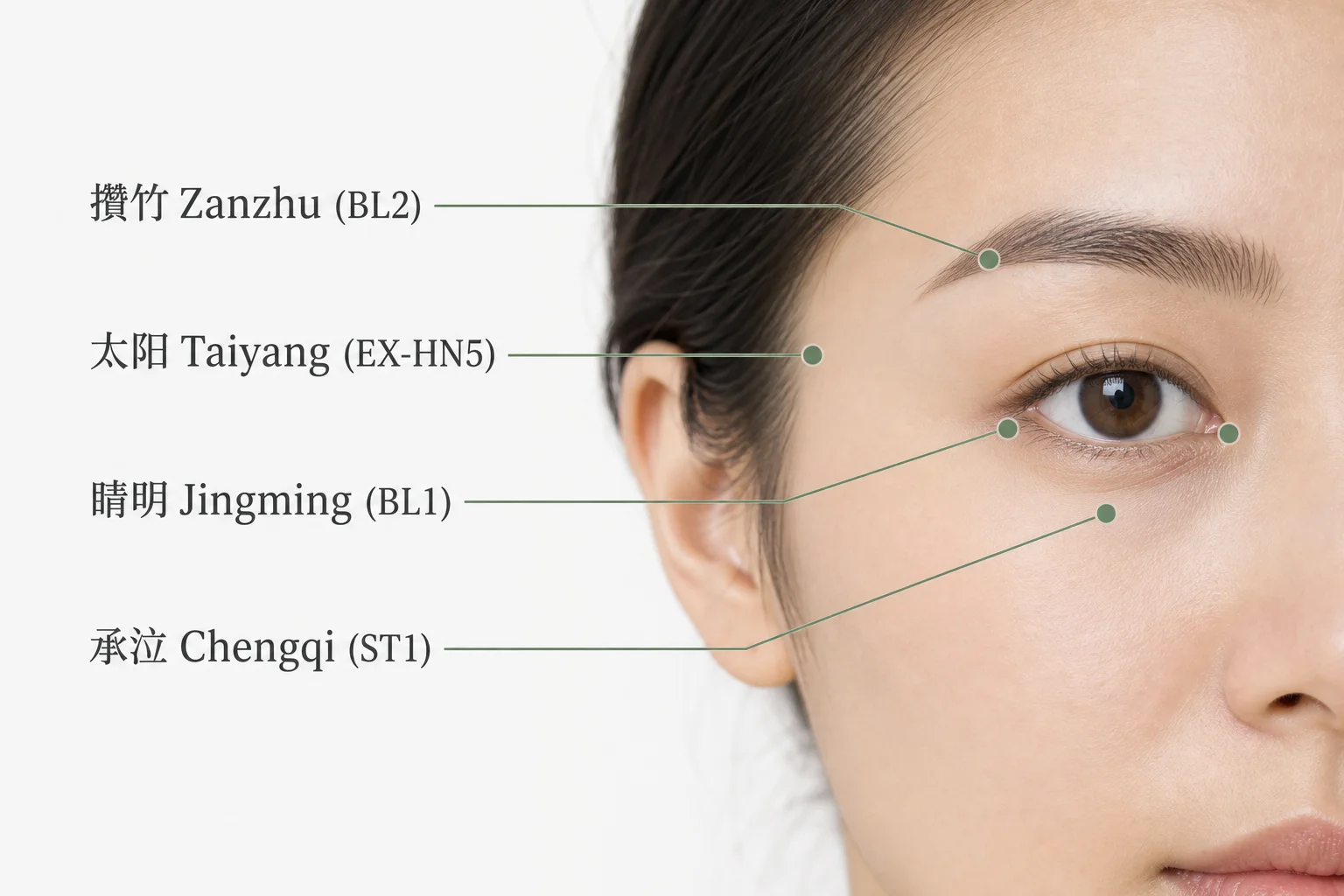 Periocular acupoint diagram labeling Jingming BL1 Zanzhu BL2 Chengqi ST1 and Taiyang EX-HN5