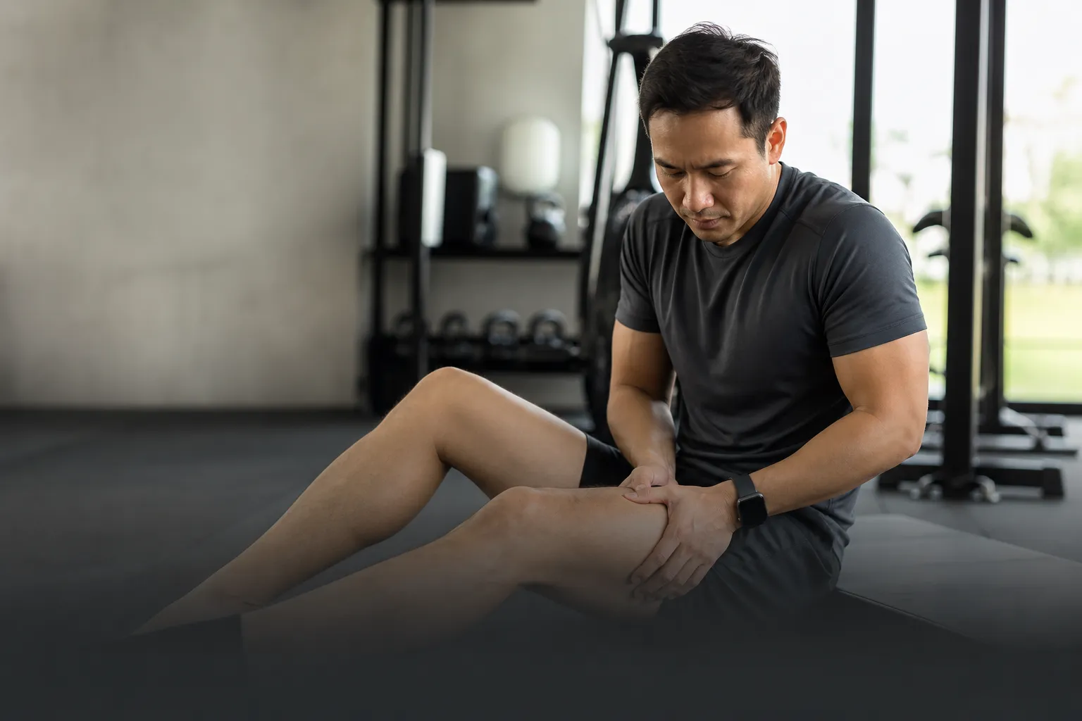 Athlete resting a sore thigh after training for muscle recovery support
