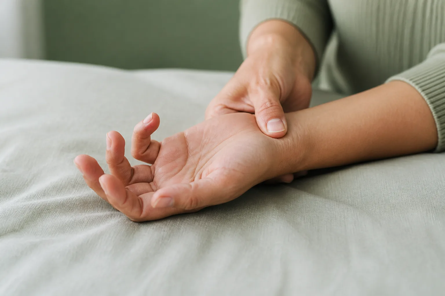Palm-side wrist crease showing carpal tunnel median-nerve load at PULSE TCM
