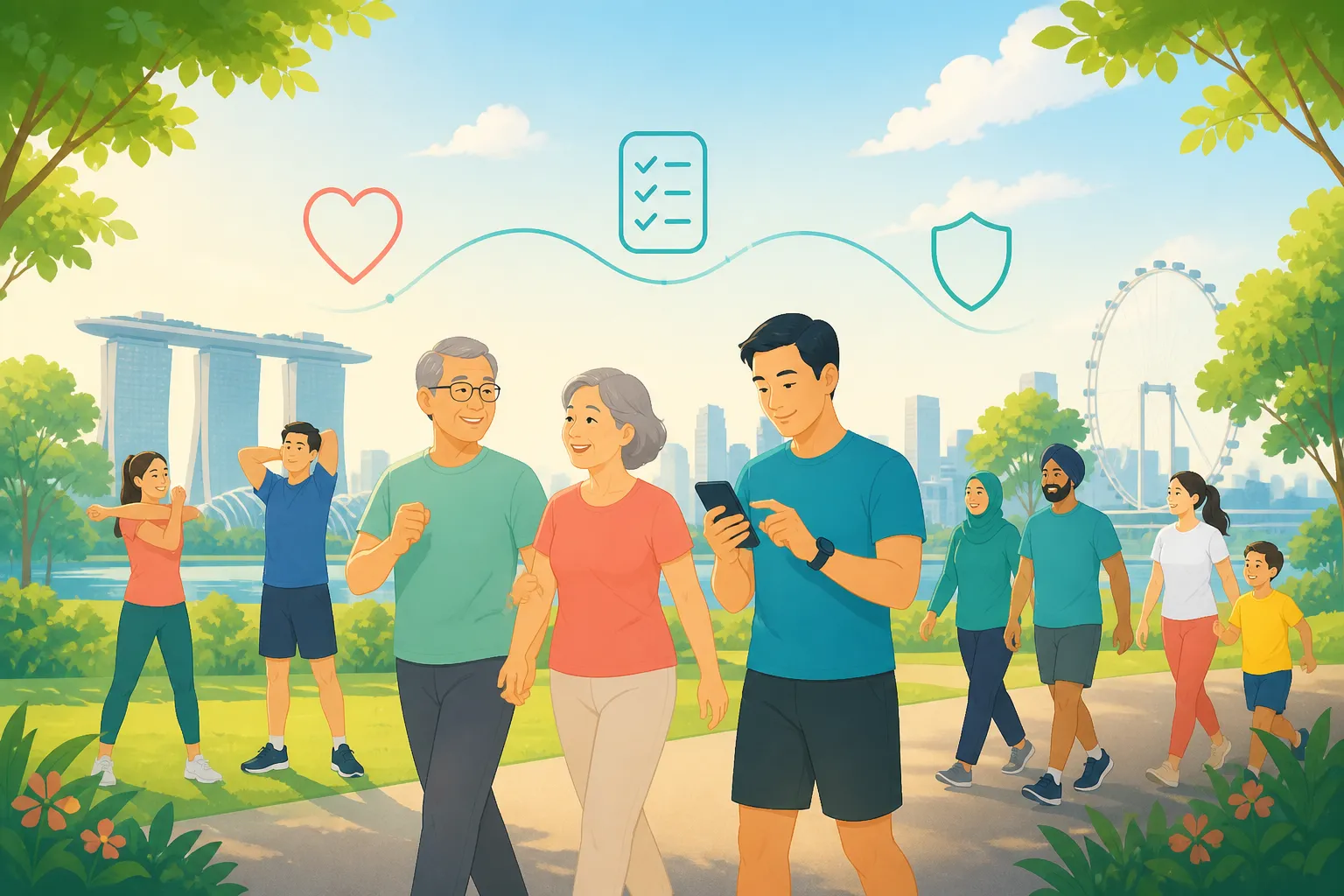 Singapore park lifestyle scene with health icons for Healthier SG TCM at PULSE