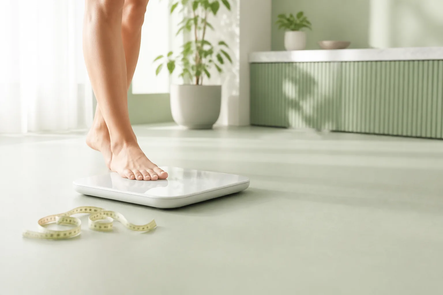Bare feet stepping onto a white bathroom scale with a yellow measuring tape on a pale clinic floor