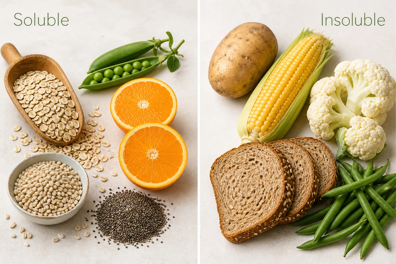 Two-panel food collage: soluble fibre foods oats citrus peas barley chia beside insoluble potato corn cauliflower wholegrain bread