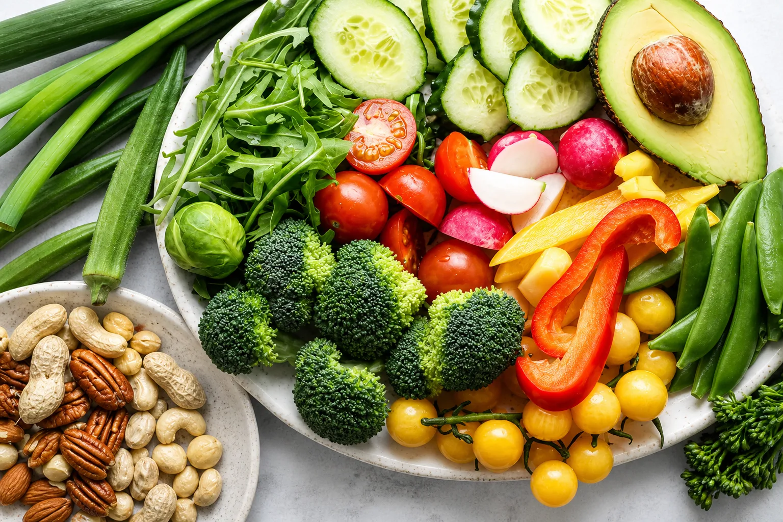 Flat-lay of fibre-rich vegetables, avocado, and mixed nuts on a platter