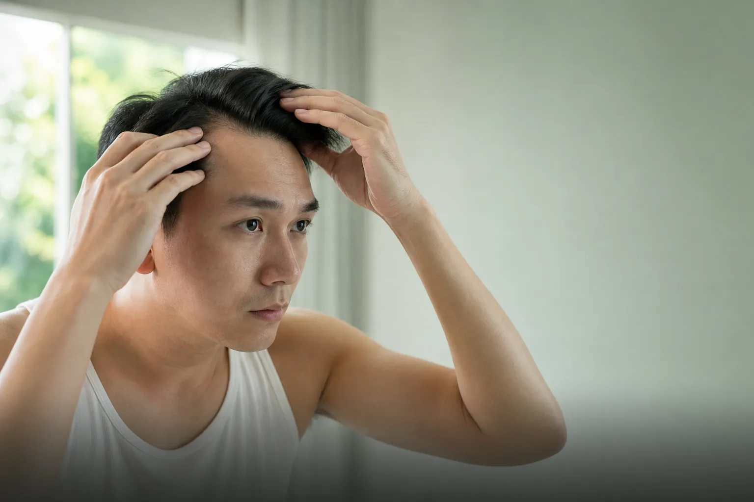 Man checking his hairline for hair loss concern at home