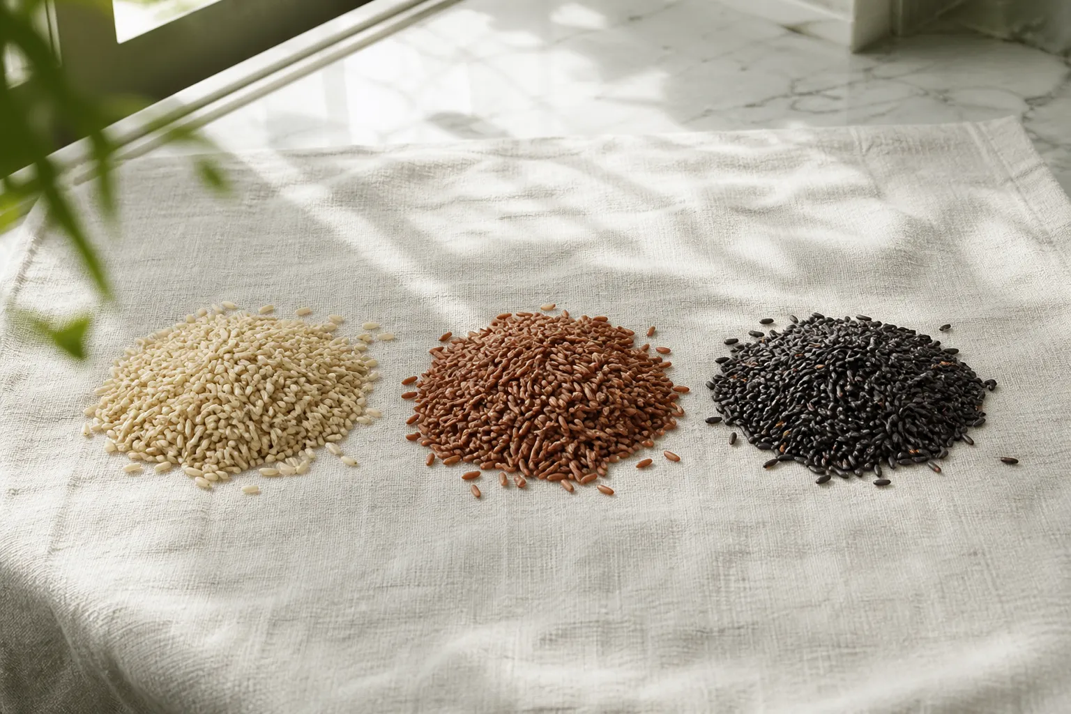 Brown, red, and black unpolished rice grains on linen at PULSE TCM