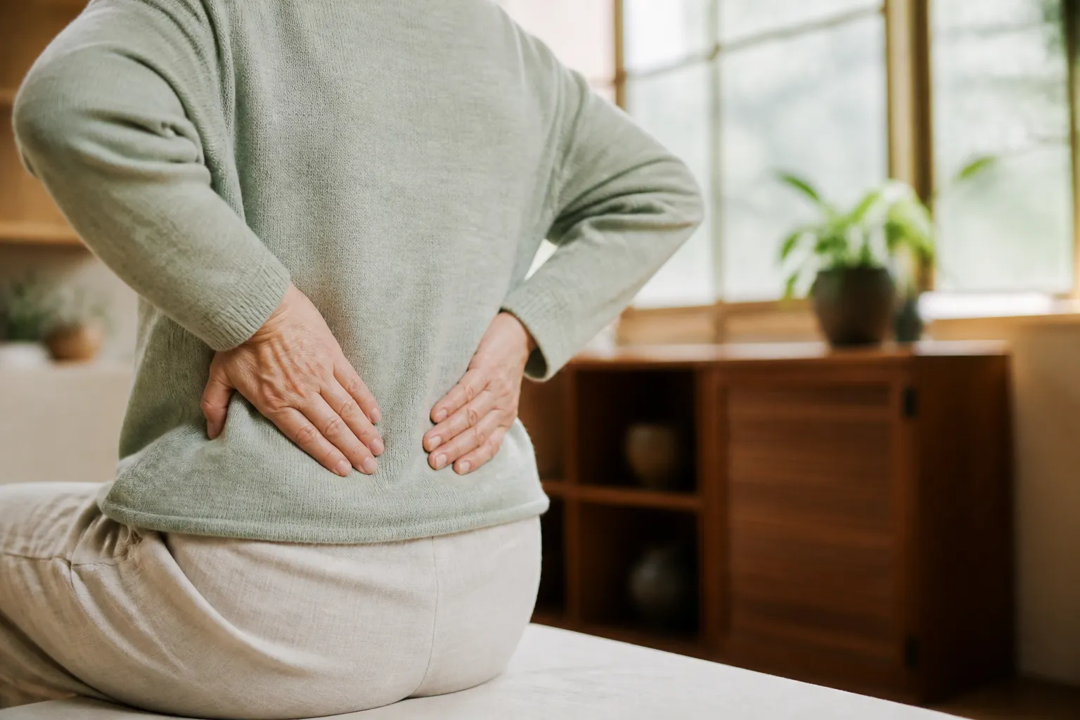 Hands warming the lower back for Kidney Yang in cold womb care