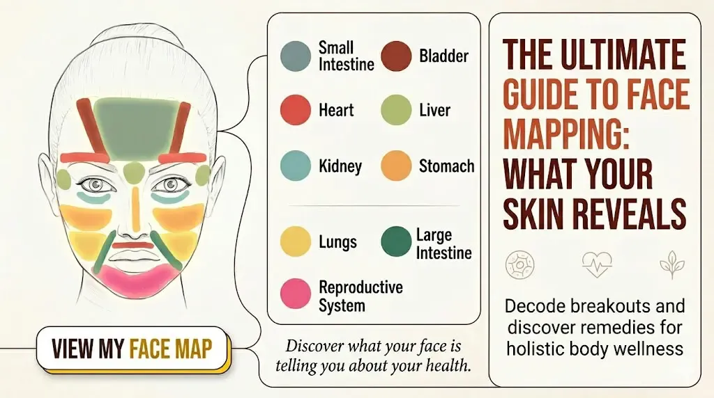 Colour-coded TCM face map of facial zones and matching organs