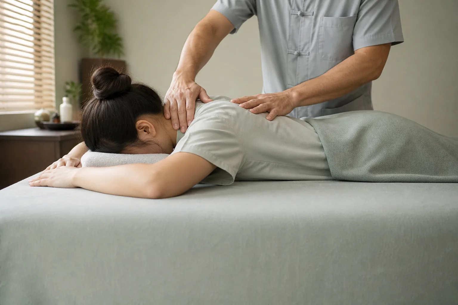 Physician performing therapeutic back and shoulder bodywork for pain care