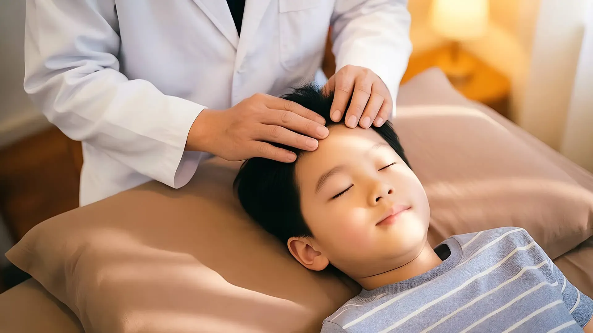 Child resting while a physician gently holds the head during paediatric Tuina