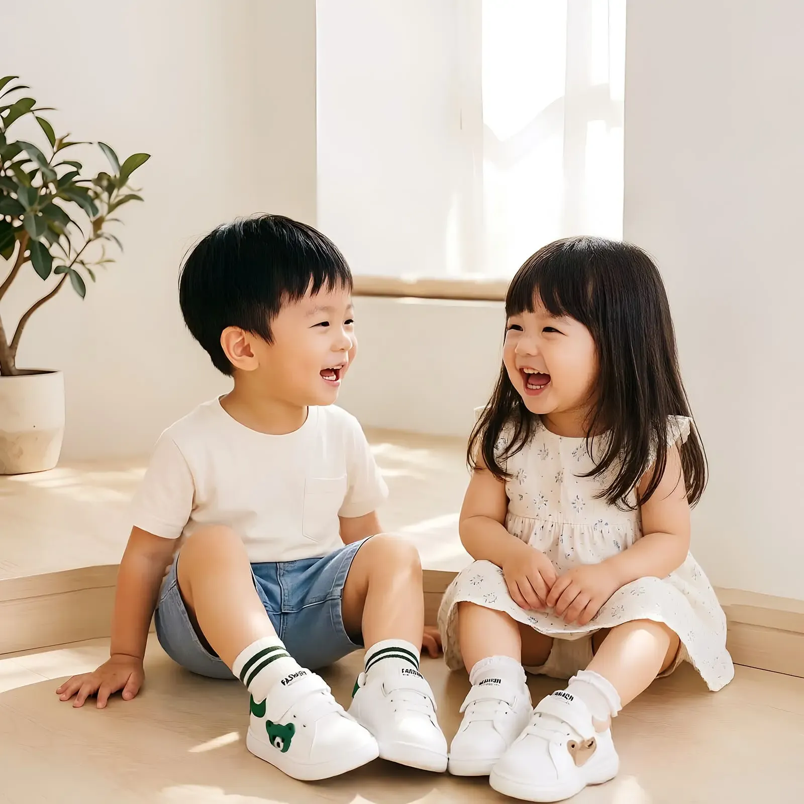 Two children laughing together in a bright calm space suited to children's wellness visits
